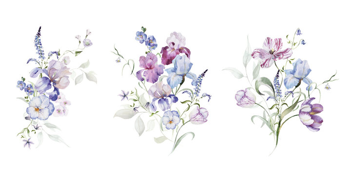 Watercolor floral bouquets clipart in vintage rustic style, colored purple pink violet garden illustration. Hand painting print - abstract flowers, leaves, plants. Design texture, textile, wallpaper.