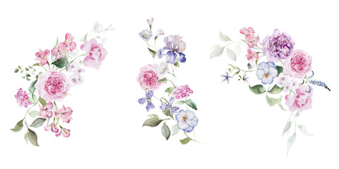Watercolor floral bouquets clipart in vintage rustic style, colored purple pink violet garden illustration. Hand painting print - abstract flowers, leaves, plants. Design texture, textile, wallpaper.