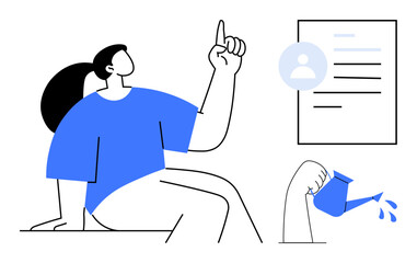 Woman thinking creatively with raised finger, profile document icon, and watering can pouring water. Ideal for brainstorming, growth, innovation, productivity, idea learning teamwork. A simple flat