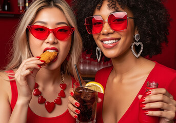 Glamorous friends enjoying happy hour with vibrant drinks and delicious snacks at a trendy bar, radiating joy and friendship in coordinating red outfits