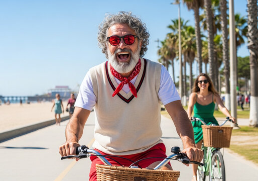 Feel the vibrant summer vibes with a man and woman joyfully cycling along the sunny beach boardwalk, radiating happiness and carefree lifestyle moments