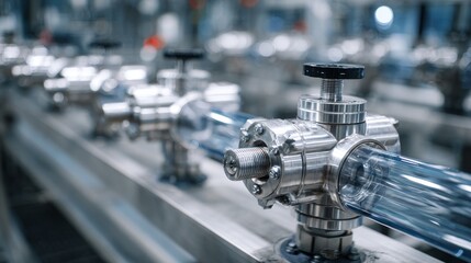 Fototapeta premium Close-up of industrial system with transparent tubing, metallic fixtures, and valves. Rows of equipment stretch into the blurred background