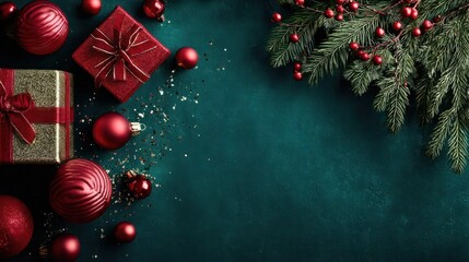 Festive christmas decorations including gifts and ornaments arranged on a dark teal background with evergreen branches