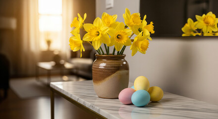 Easter eggs, yellow flower vase, marble table in the living room