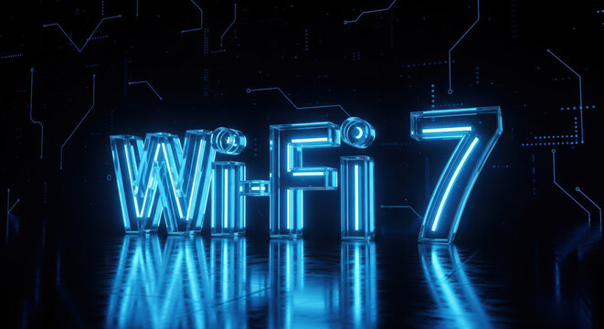 Shiny wifi 7 with blue neon on dark background illustrates networking technology. Wifi 7 for seamless connectivity and superior data transfer, essential for modern communication.