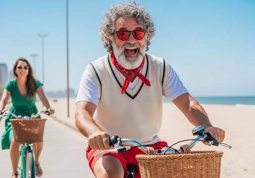 Feel the summer vibes with this fun-loving couple biking along the beach, radiating joy and freedom on their coastal adventure! Escape and enjoy the sun!