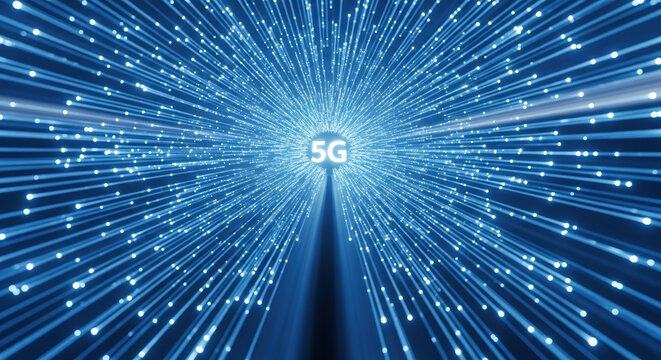 Visualizing network connectivity with bright light lines converging toward 5G, showcasing data transmission. Network connectivity emphasizes the speed and scope of digital communication,