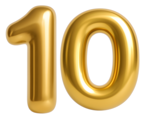 3D gold balloon number 10, elegant metallic design for birthday or anniversary celebration