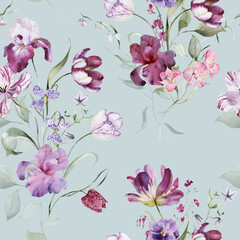 Watercolor floral seamless pattern in vintage rustic style, colored purple pink garden illustration. Hand painting print - abstract flowers, leaves, plants. Design texture for textile, wallpaper.