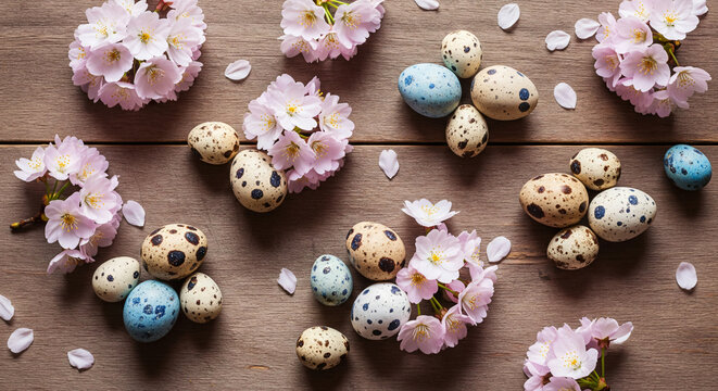 Light blue easter eggs with pink spots resting in a nest on a turquoise wooden table with pink flowers and branches, celebrating spring and easter holidays