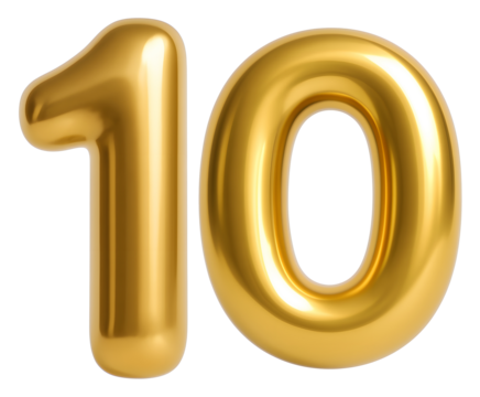 3D gold balloon number 10, elegant metallic design for birthday or anniversary celebration