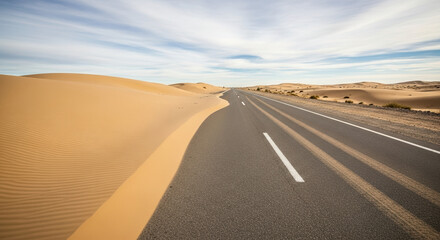 Road trip through desert landscape with asphalt road and golden dunes under blue sky. Road trip adventure shows sunny destination and vast desert terrain, endless dunes, and dramatic sky.