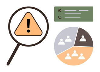 Magnifying glass focusing on a caution sign, segmented pie chart with user icons, and a checklist. Ideal for risk management, analytics, task prioritization, teamwork, business strategy, audience
