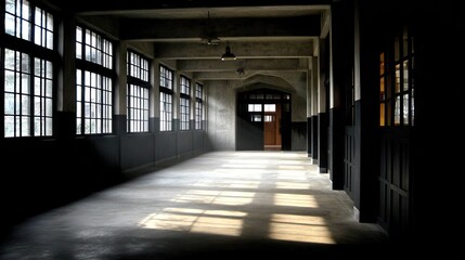 Empty corridor with sunlight streaming through windows.