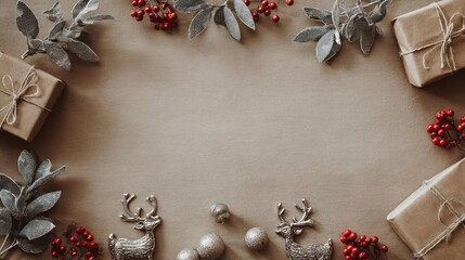 Rustic christmas frame with gifts and festive decorations on a wooden table with copy space