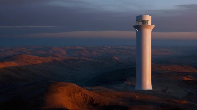A tall white cylindrical tower rises above a barren desert with red-orange dunes at sunset.