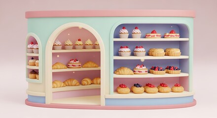 Charming Pastel Miniature Bakery Display with Assorted Tiny Cupcakes and Sweet Pastries