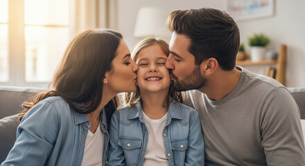 Celebrating Adoption Month with happy family sharing love and affection. Adoption Month brings smiles as mother and father kiss their adopted daughter. Remembering Adoption Month,
