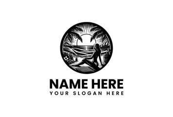 Monochrome tropical beach scene vector logo illustration featuring a relaxing woman by the ocean under palm trees, perfect for summer travel and leisure branding