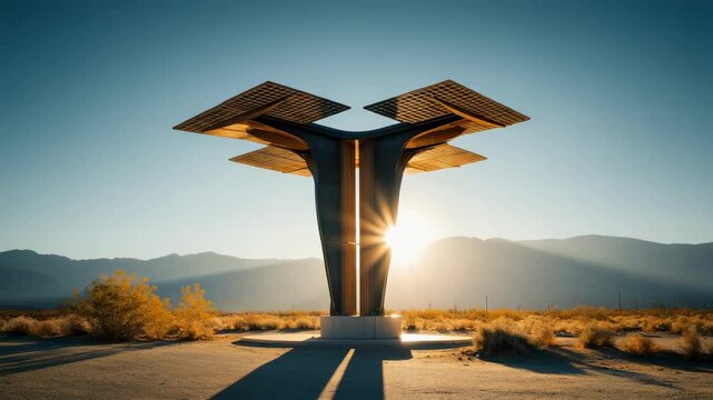 Desert sculpture featuring a Y-shaped pillar with two solar-panel wings on top, sun peeking over distant mountains.