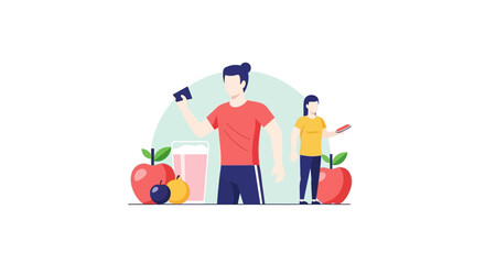 Healthy lifestyle promotion with active young adults, vibrant fruit and juice, ideal for wellness campaigns and nutrition education, modern design element