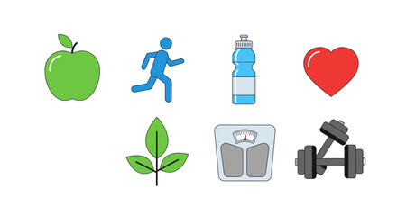 Inspiring wellness lifestyle choices with vibrant icons of fitness, nutritious eating, healthy hydration, and joyful exercise for a balanced life