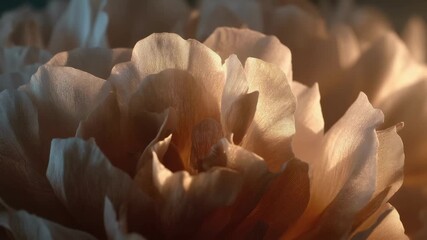Close-up of a peach-colored peony bloom with soft, ruffled petals.