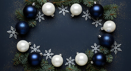 Dark blue and white Christmas ornaments with pine branches and snowflakes