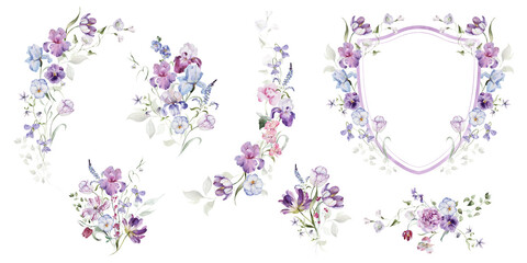 Watercolor floral clipart set in vintage rustic style, colored purple pink violet bouquet frame border. Hand painting print - abstract flowers, leaves, plants. Design texture for textile, wallpaper.