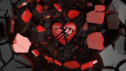 A poignant digital illustration showcasing a vivid red heart broken into multiple fragments, evoking powerful emotions of sorrow, irreparable loss, and the profound pain of heartbreak