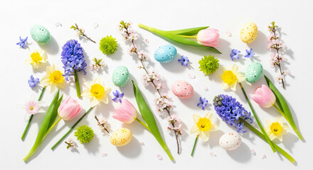 A template of a collection of painted easter eggs celebrating a Happy Easter with green meadow grass against a white background