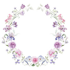 Fototapeta premium Watercolor floral wreath clipart in vintage rustic style, colored purple pink violet garden illustration. Hand painting print - abstract flowers, leaves, plants. Design texture for textile, wallpaper.