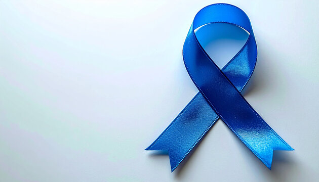 Blue awareness ribbon on white background, diabetes awareness, medical and support concept.