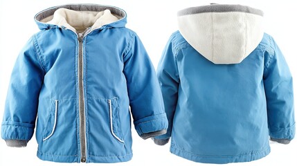 Ultra-sharp front-and-back kids puffer jacket in bright blue, hooded center-zip, zero-shadow white backdrop—perfect e-commerce hero, poster or size-chart
