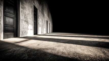Sunlit shadows stretching across a corridor of doors.