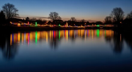 Obraz premium Colorful lights reflecting on a tranquil lake at twilight with silhouetted trees