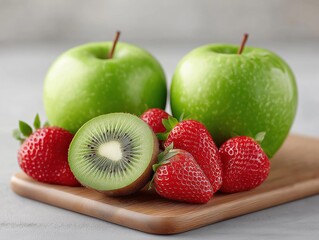 Fresh green apples and ripe strawberries arranged on a wooden cutting board, with a sliced kiwi showcasing its vibrant interior, emphasizing healthy eating and natural ingredients
