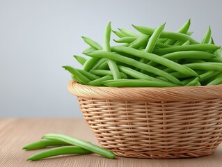Fresh green beans piled high in a woven basket on a wooden surface, showcasing vibrant colors and natural textures, perfect for healthy cooking and culinary presentations