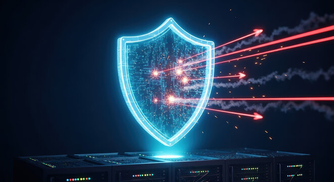 Digital data privacy shield protecting against cyber attacks, showing sensitive data being defended by digital barrier. Cyber security data privacy is critical,