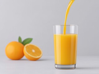 Freshly squeezed orange juice being poured into a clear glass, with whole oranges and a halved orange in the background, showcasing vibrant colors and refreshing beverage concept