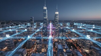 5G network cityscape with illuminated skyscraper and digital light trails showcasing futuristic technology, data flow, and dynamic connection at dusk in urban environment - Powered by Adobe