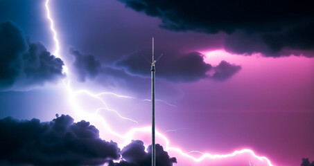 Dramatic Lightning Strike on a Stormy Night with a Lightning Rod
