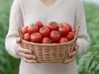 Freshly harvested tomatoes in a woven basket held by a person, surrounded by lush green plants, showcasing the beauty of organic farming and natural produce