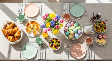 easter table setting with spring bouquet and pastel easter eggs, easter morning