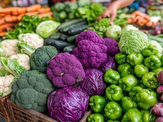 Fresh assortment of colorful vegetables including broccoli, cauliflower, purple cabbage, green peppers, and zucchini displayed in a rustic wooden crate at a vibrant market setting