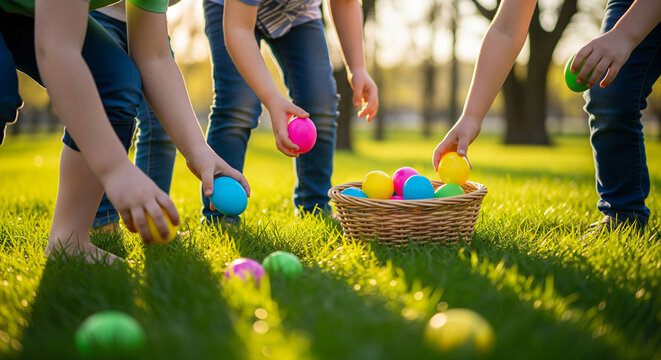 Children enjoying easter egg hunt in sunny meadow with colorful eggs - Powered by Adobe