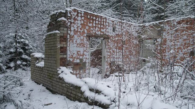 redbrick wall ruins in snowy woodland, exposed masonry and weathered mortar, leafless shrubs under fresh snow,