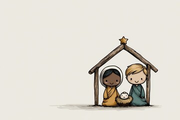 Cute Nativity Scene Illustration with Mary Joseph and Baby Jesus for Christmas Card and Holiday Messaging