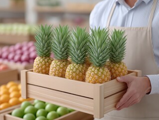 Fresh pineapples arranged in a wooden crate held by a vendor in a vibrant market, showcasing colorful fruits and a lively shopping atmosphere