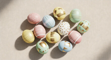 Easter golden decorated eggs stand in a row on white background. Minimal easter concept. Happy Easter card with copy space for text. Top view, flatlay.